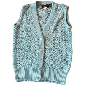 Vintage Baby blue knit sweater vest with button up front & diamond pattern